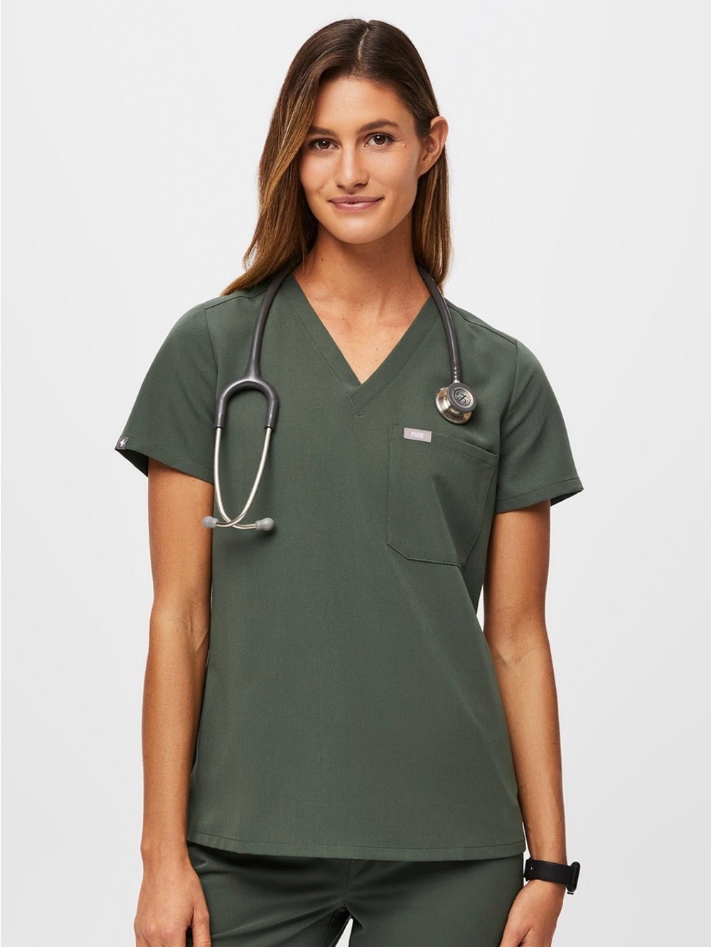 Figs Women's V-Neck Scrub Top (M) and straight leg pants (MP) - Moss